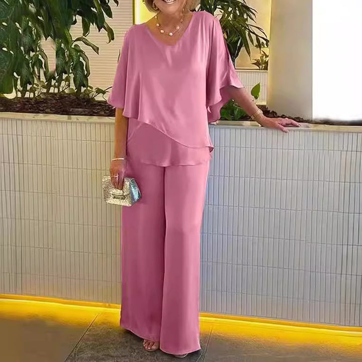 Damen elegante Kombination aus fließendem Oberteil und weitem Hosendesign Drune