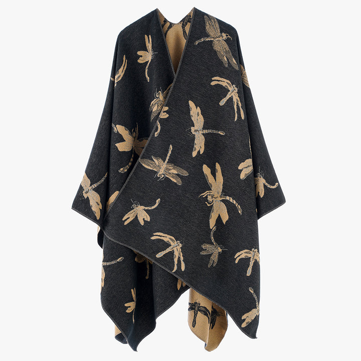 Damen Oversize-Cape aus feinem Jaquardstrick mit Libellenmotiv und reversibler Wolloptik Drune