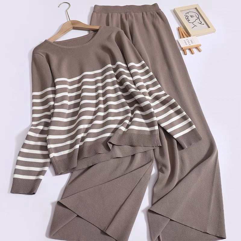 Damen gemütliches Strick-Loungewear-Set mit Streifenmuster Drune