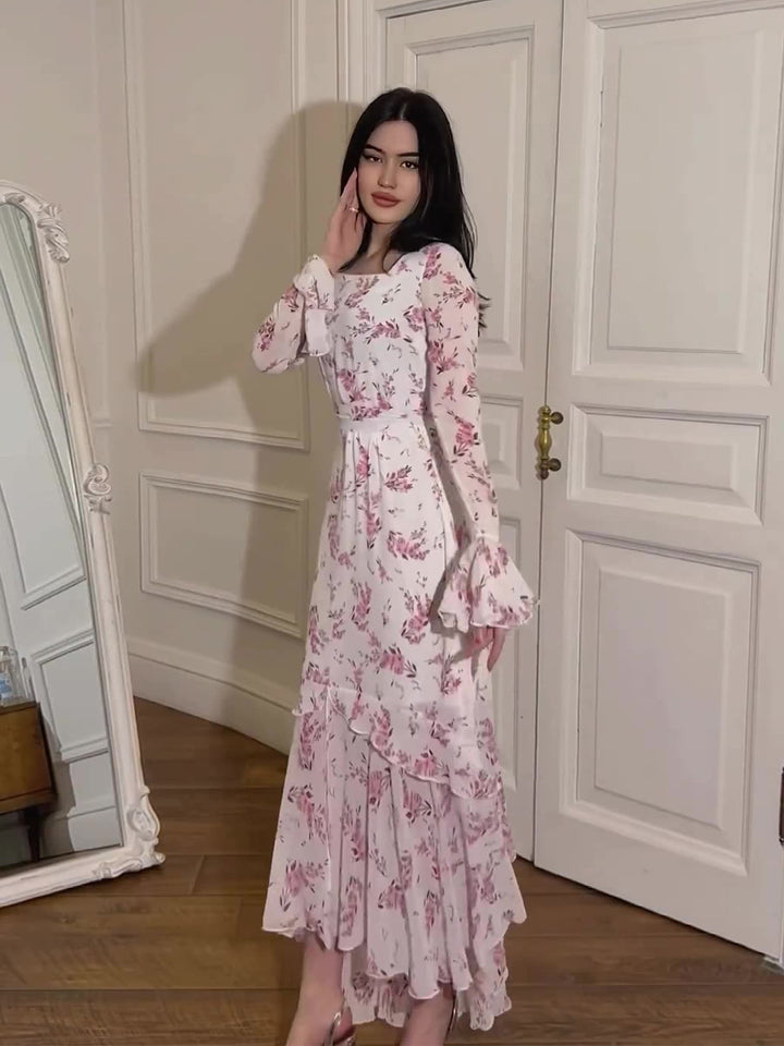Damen Rüschenkleid mit floralem Design und elegantem V-Ausschnitt Drune