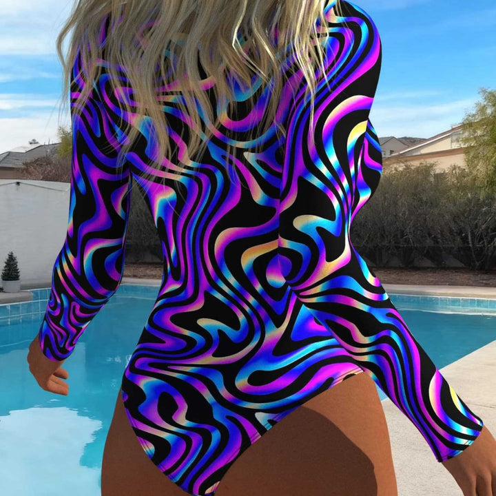 Damen eleganter Langarm-Schwimmanzug mit aufregendem Wellenmuster und hohem Kragen Drune