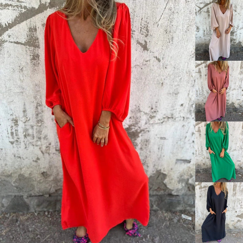 Damen Maxikleid mit tiefem V-Ausschnitt und praktischen Seitentaschen Drune