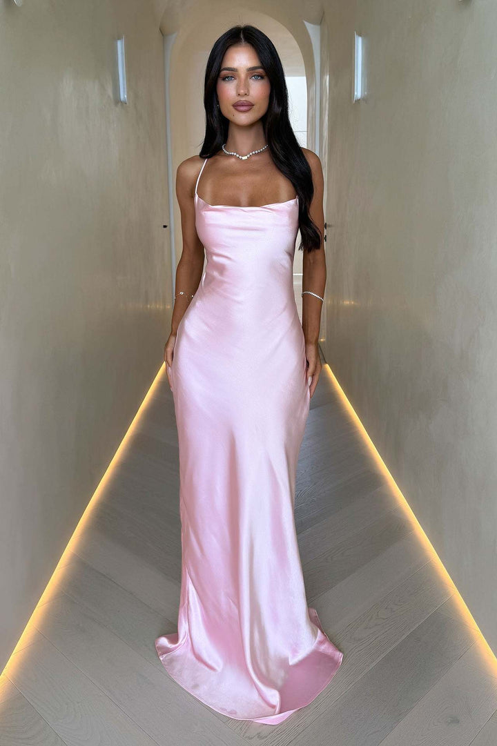 Damen Elegantes Satinabendkleid mit spaghettiträgern und fließendem Schnitt Drune