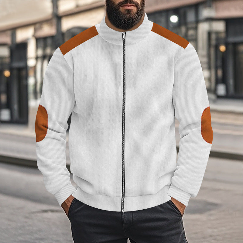 Herren nan Cordjacke mit Reißverschluss Stehkragen und Ellbogen-Patches Drune