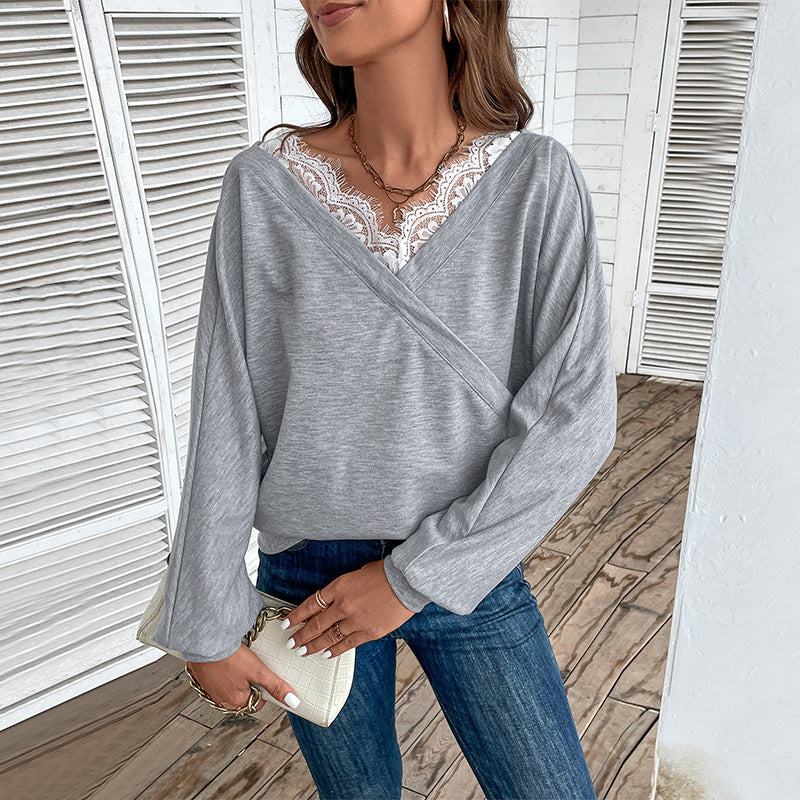 Damen Lässiges Oversize-Sweatshirt mit Wickeloptik und Spitzeneinsatz Drune