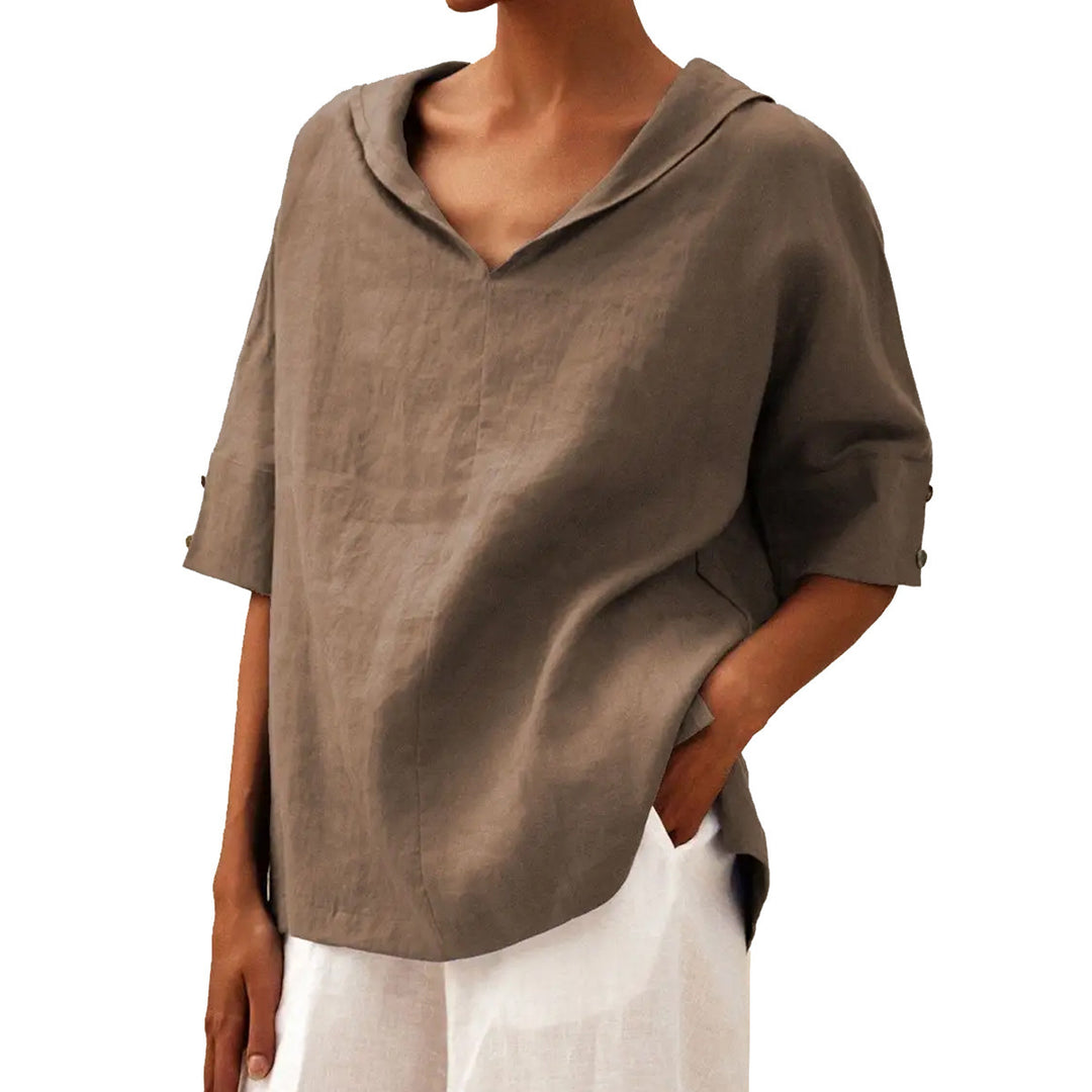 Damen lässige Leinenbluse mit Kapuze und kurzen Ärmeln Drune