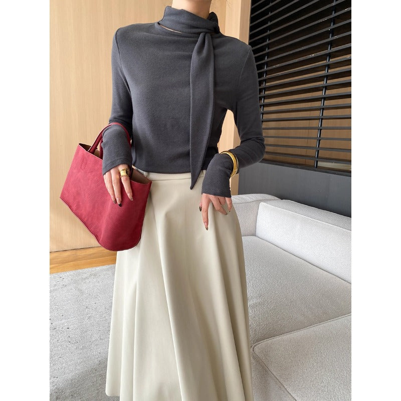 Damen elegantes Longsleeve mit Wickelkragen Drune