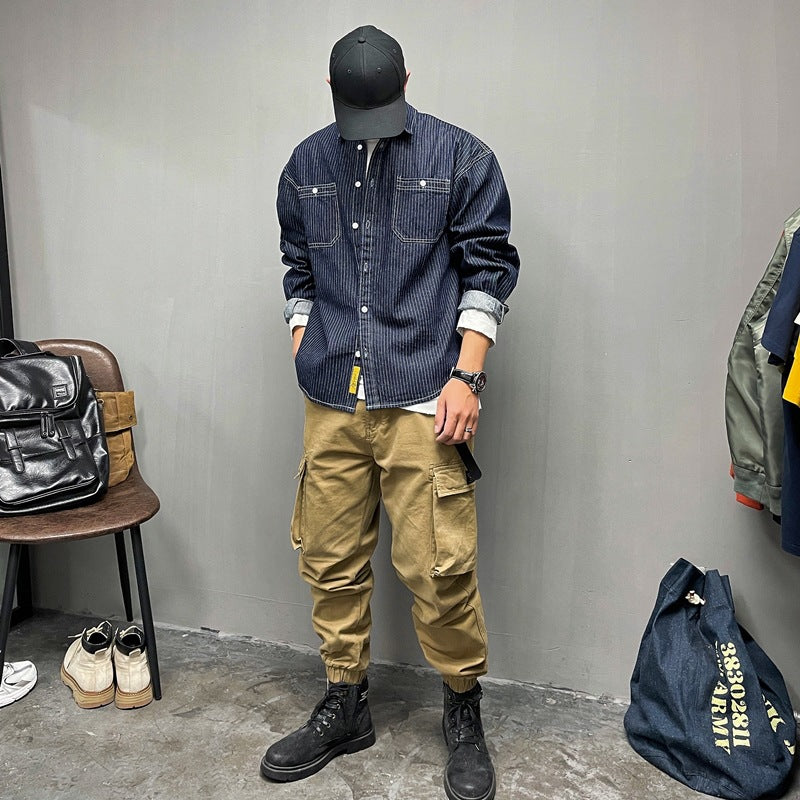 Herren Lässige Denim-Hemdjacke mit Streifen Drune