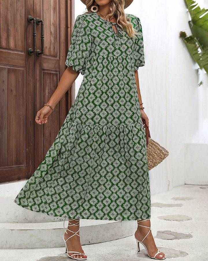 Damen nan luftiges Maxikleid mit geometrischem Ethno-Print, gerafftem Stufenrock und Schlüssel-Ausschnitt Drune