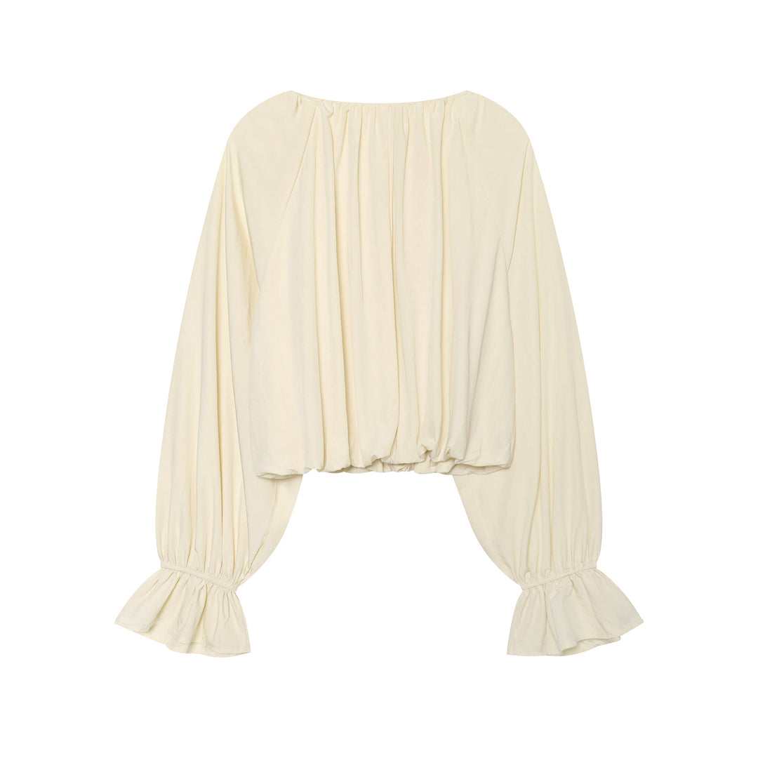 Damen Cropped Carmen‑Bluse mit Ballonärmeln, Tunnelzug und gerafftem Saum Drune