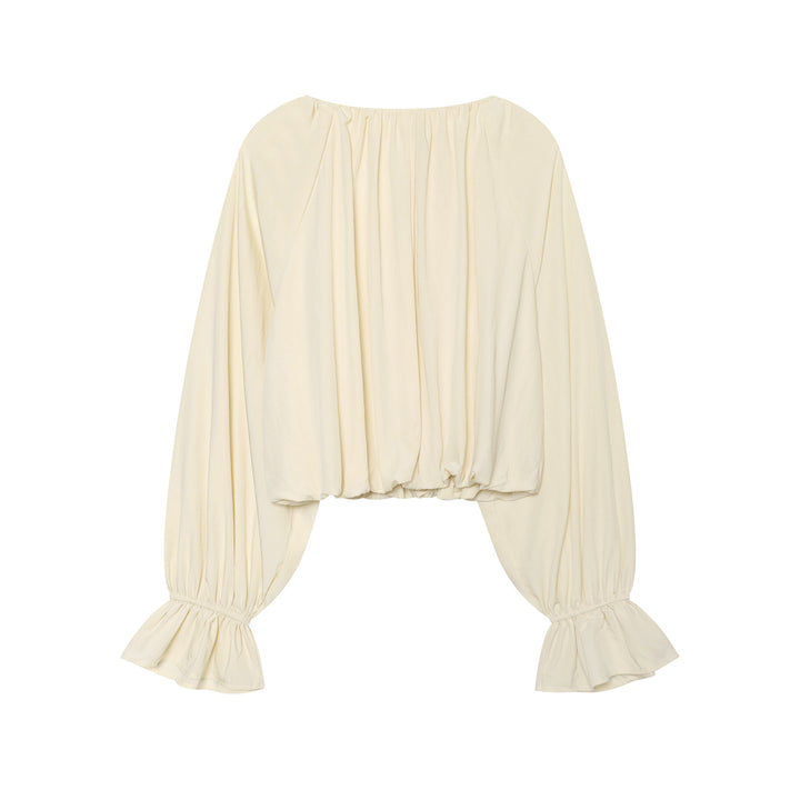 Damen Cropped Carmen‑Bluse mit Ballonärmeln, Tunnelzug und gerafftem Saum Drune