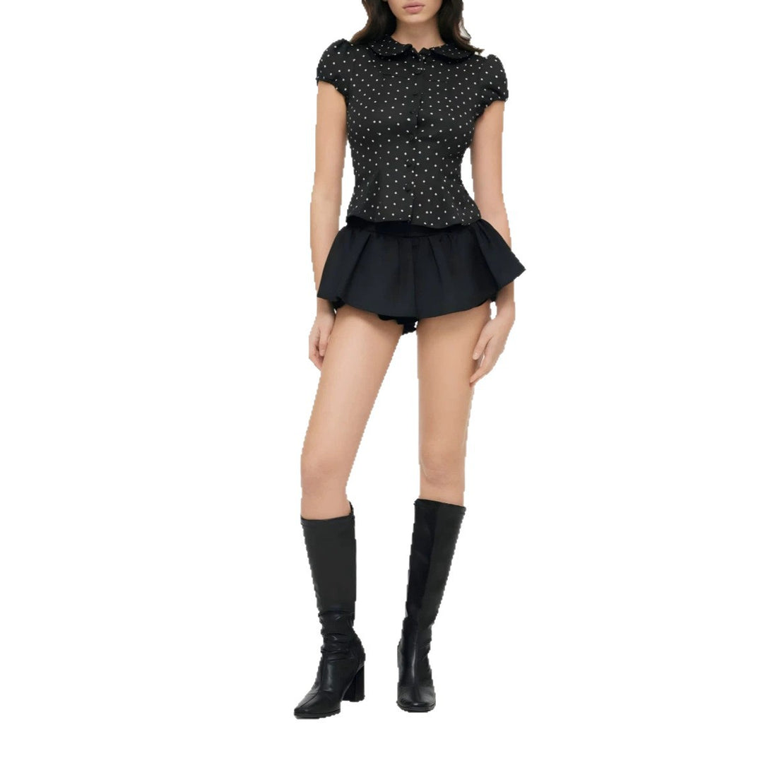 Damen Karo-Bluse mit Bubikragen, Taillierter Peplum-Silhouette und Puffärmeln Drune