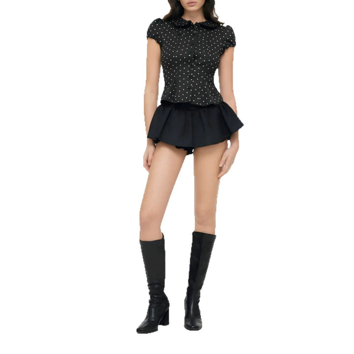 Damen Karo-Bluse mit Bubikragen, Taillierter Peplum-Silhouette und Puffärmeln Drune