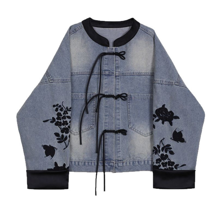 Damen modische Denimjacke mit floralen Stickereien und eleganten bündchen Drune