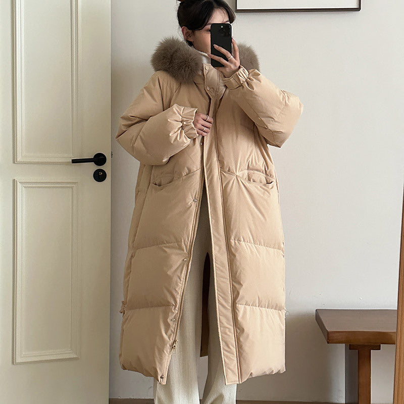 Damen Lange gefütterte Winterjacke mit hochwertigem Kunstfellkragen und praktischen Taschen Drune