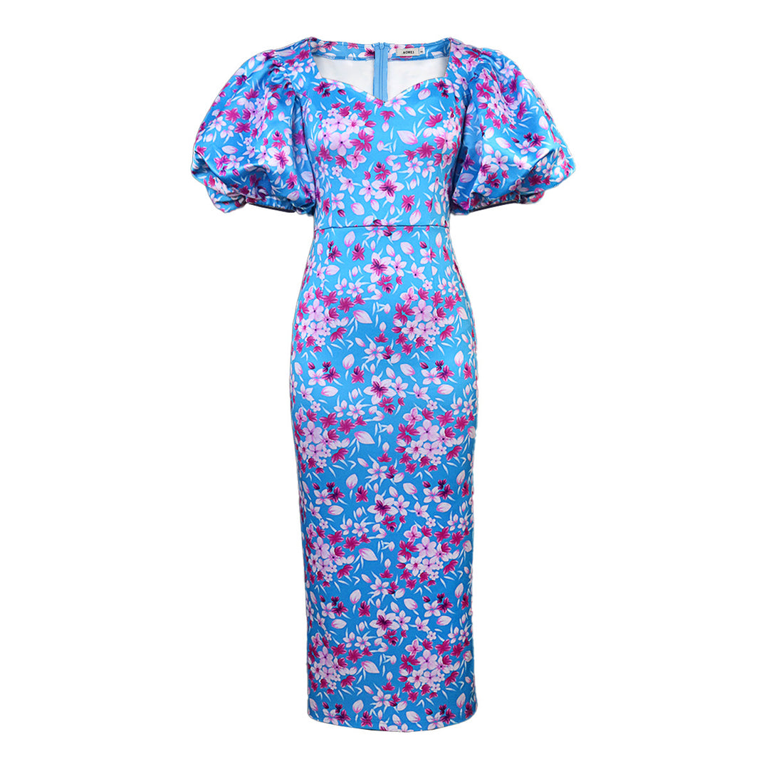 Damen Elegantes Kleid mit voluminösen Puffärmeln und floralem Muster Drune