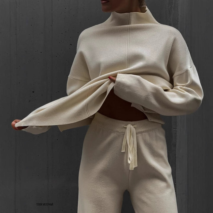 Damen lässiges Strickensemble mit hohem Kragen Drune