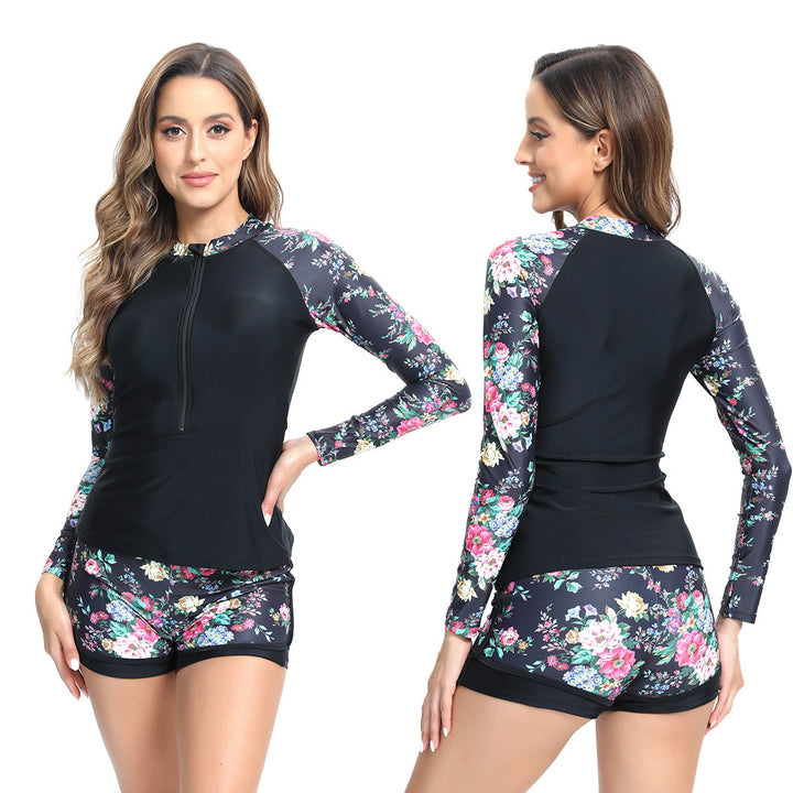 Damen Funktions-Badeanzug mit floralem Langarm-Top und Short Drune