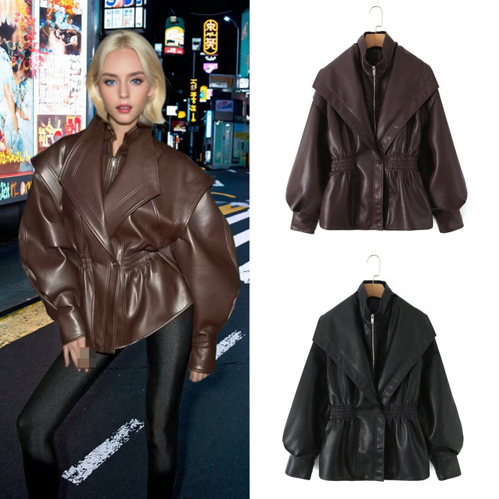 Damen Kunstlederjacke mit asymmetrischem Kragen und tailliertem Schnitt Drune