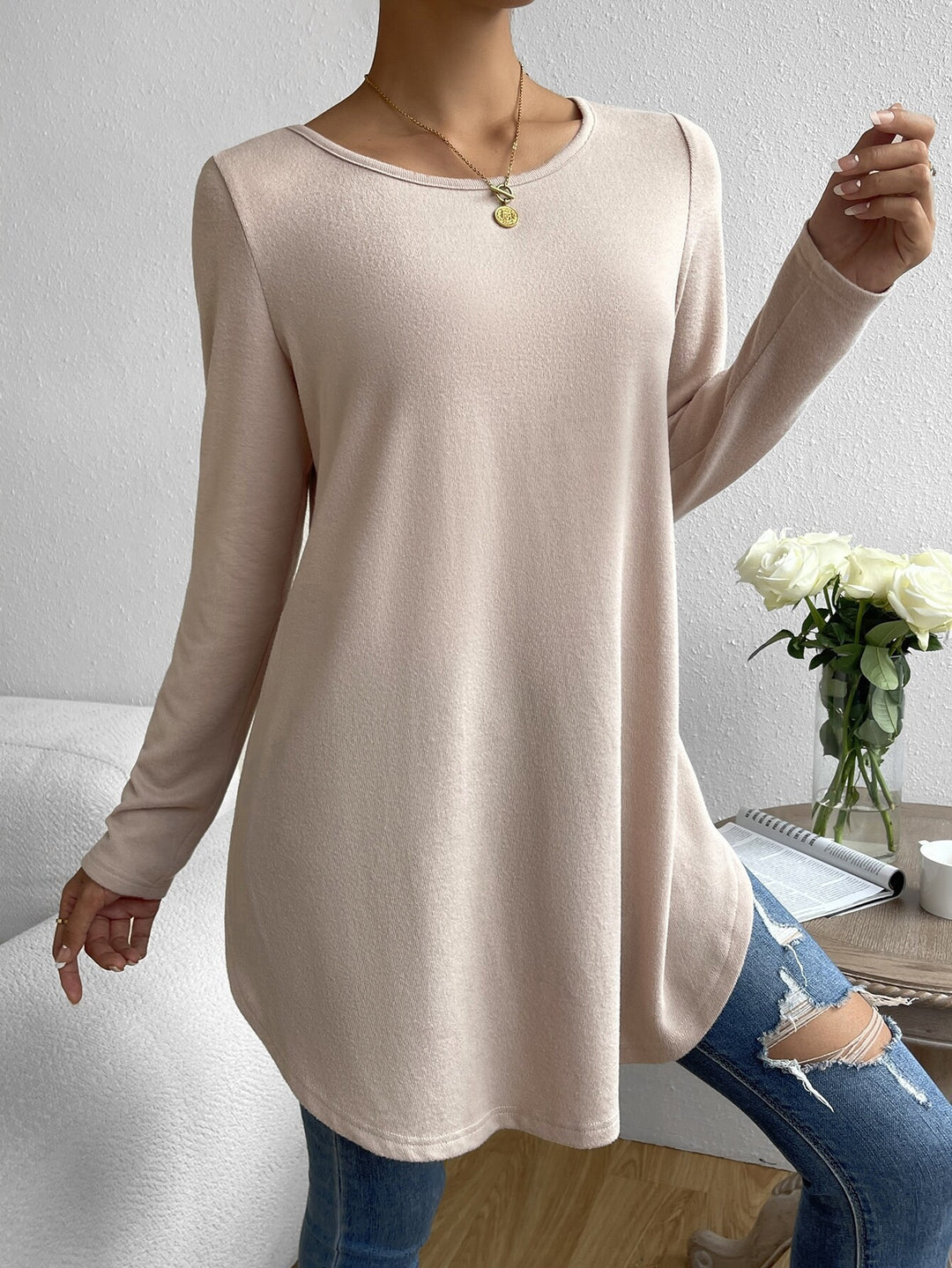 Damen Oversize Longline Feinstrick-Tunika mit Rundhalsausschnitt Drune