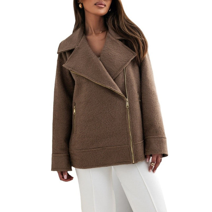 Damen elegante flauschige Bikerjacke mit goldenen Reißverschlussdetails Drune