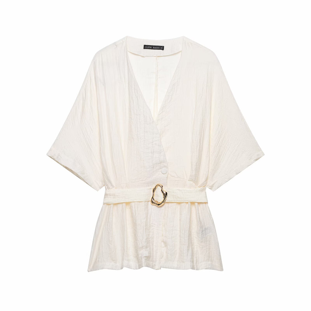 Damen Zweiteiler Kimono-Top mit Taillengürtel und weiter Bundfaltenhose Drune