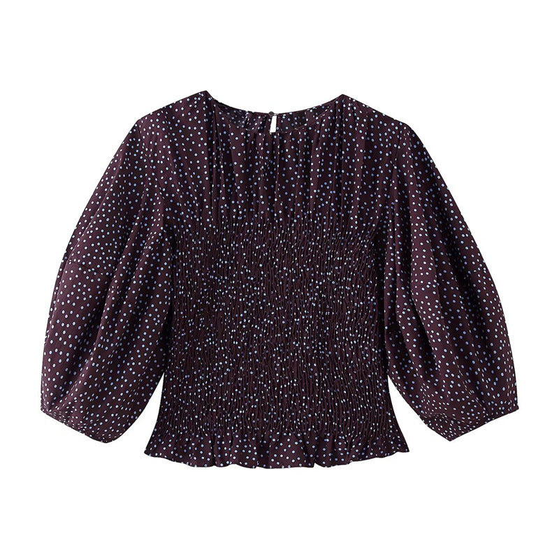 Damen gerafftes Polka‑Dot Oberteil mit elastischem Smock‑Korpus, Ballonärmeln und Volantsaum Drune