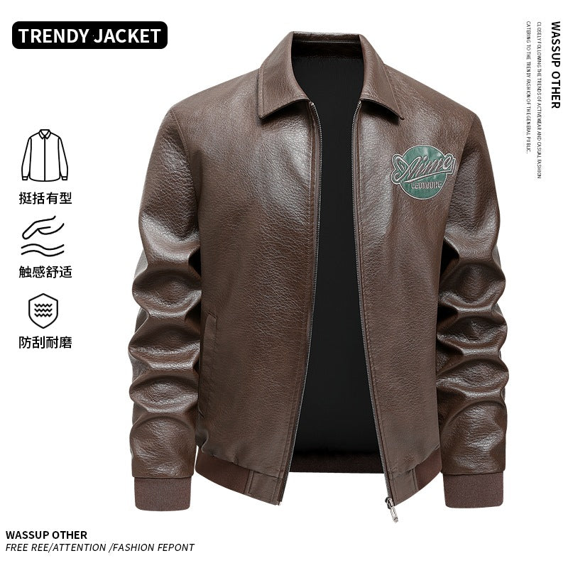 Herren Lässige Lederjacke mit Stickdetails Drune