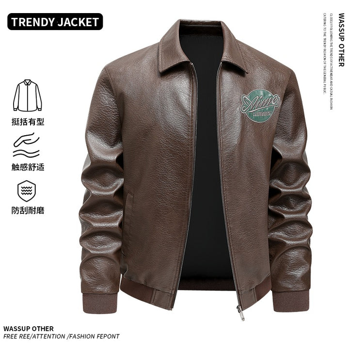 Herren Lässige Lederjacke mit Stickdetails Drune