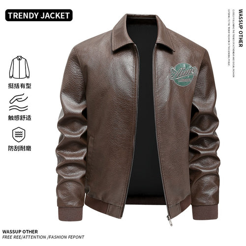 Herren Lässige Lederjacke mit Stickdetails Drune