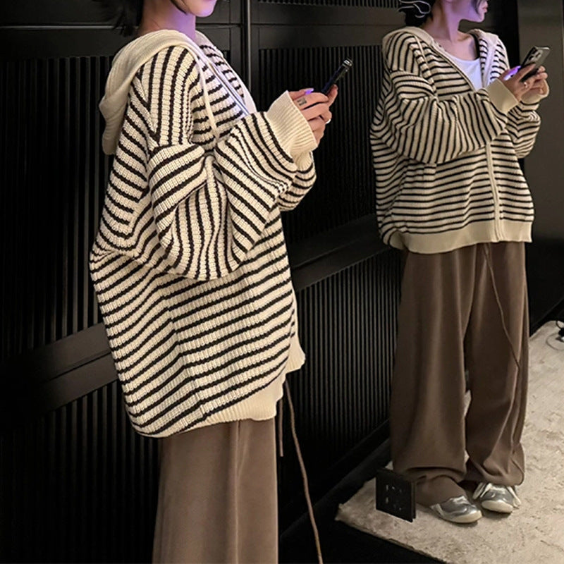 Damen Oversized Strickjacke mit Reißverschluss und Kapuze Drune