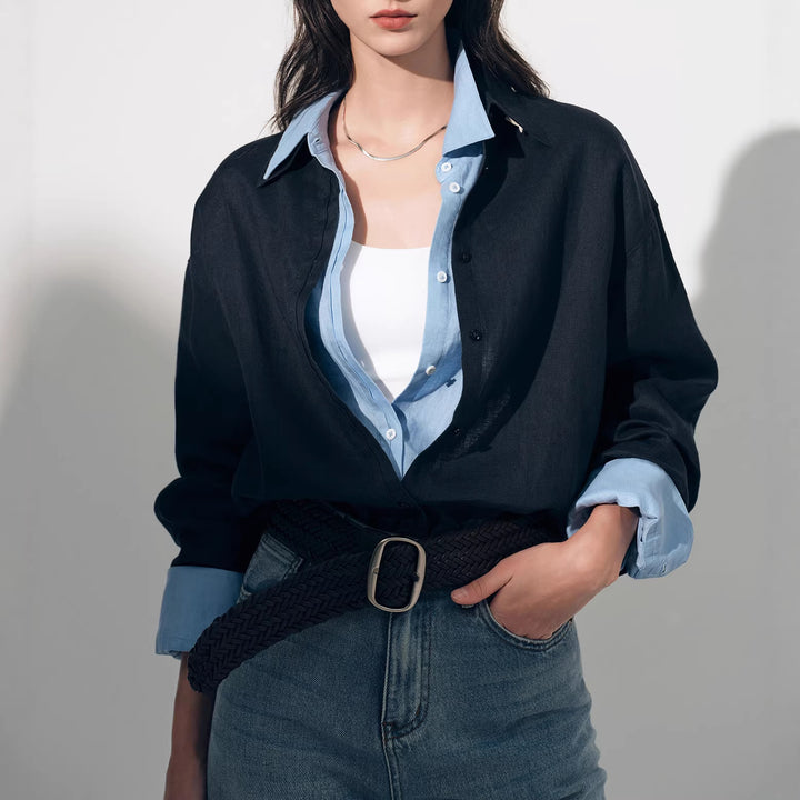 Damen Modische Leinenbluse mit langen Ärmeln Drune