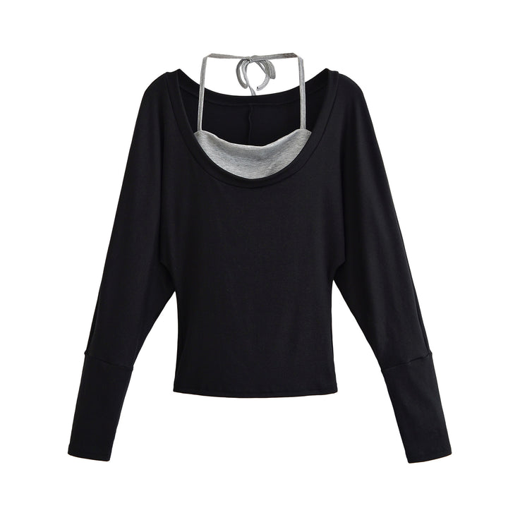 Damen Lagen-Langarmshirt mit integriertem Spaghettiträger-Cami und weitem Rundhals Drune