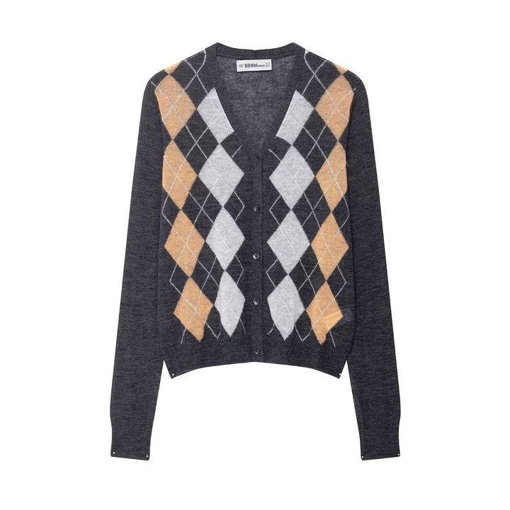 Damen modische Strickjacke mit klassischem Karomuster Drune