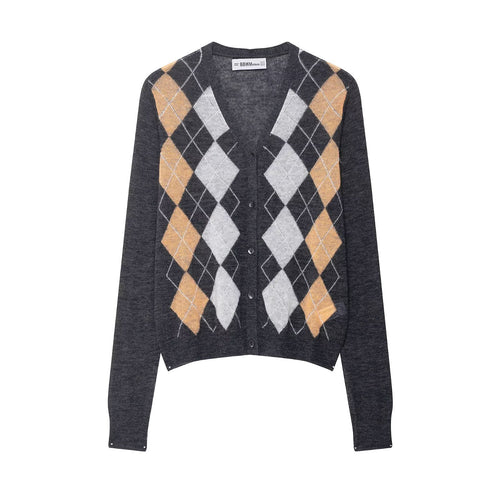 Damen modische Strickjacke mit klassischem Karomuster Drune