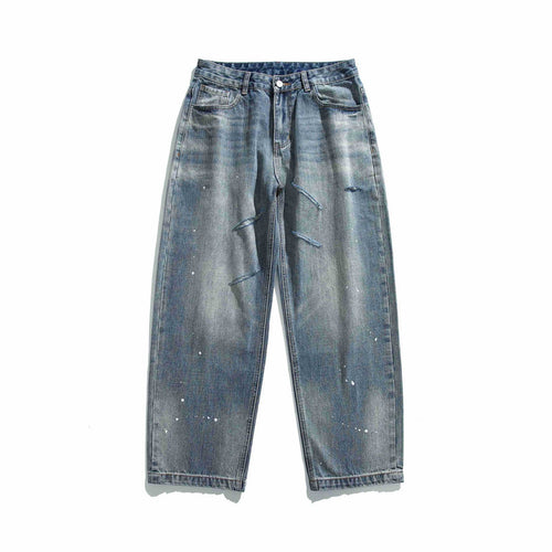 Damen Hochtaillierte lockere Jeans mit Used‑Effekt und Farb‑Splatter Drune