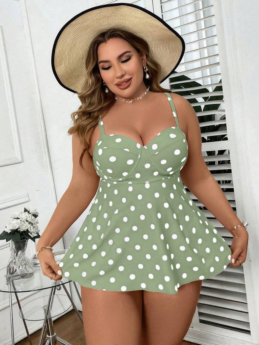 Damen Tankini mit figurbetontem Rock und Polka-Dots Drune