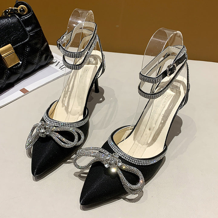 Damen nan spitze Riemchen-Pumps mit funkelnder Strass-Schleifenapplikation und verstellbarem Knöchelriemen Drune