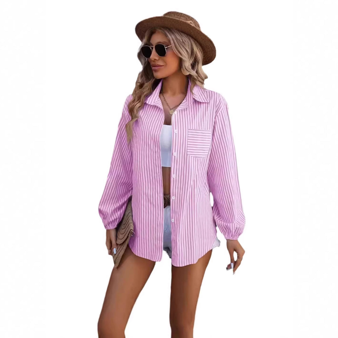 Damen Oversized Hemdbluse mit Streifen, Brusttasche und Ballonärmeln Drune