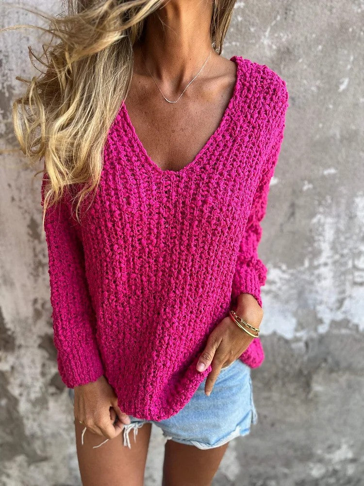 Damen Bequemes V-Ausschnitt Sweatshirt mit Struktur und langen Ärmeln Drune