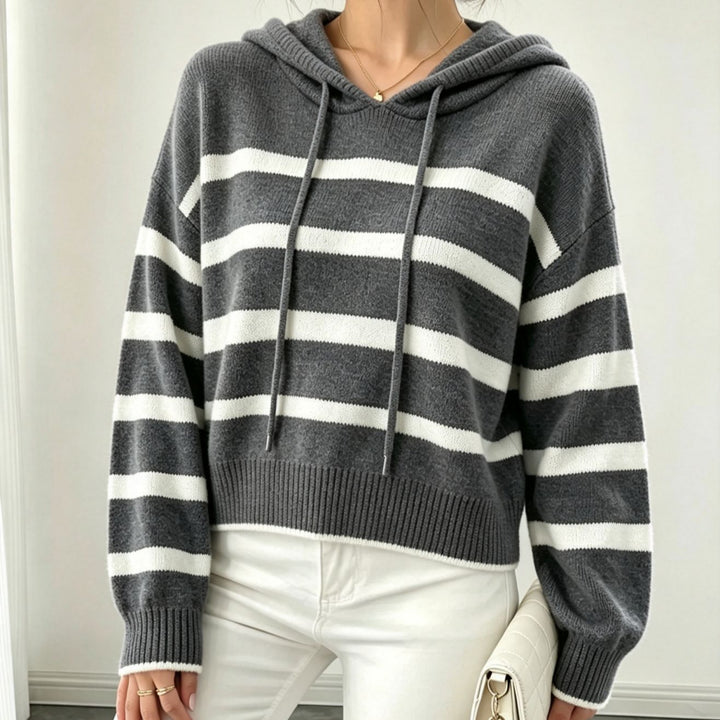 Damen Kapuzen-Strickpullover im Maritim-Look mit geripptem Saum und relaxed Fit Drune
