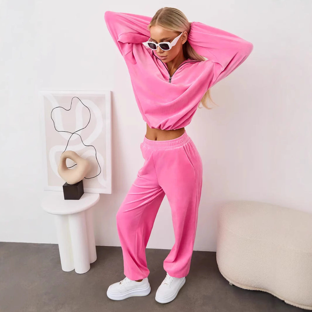 Damen samtiges zweiteiliges Lounge-Set mit Kapuzen-Halbzip und elastischer Bundhose Drune