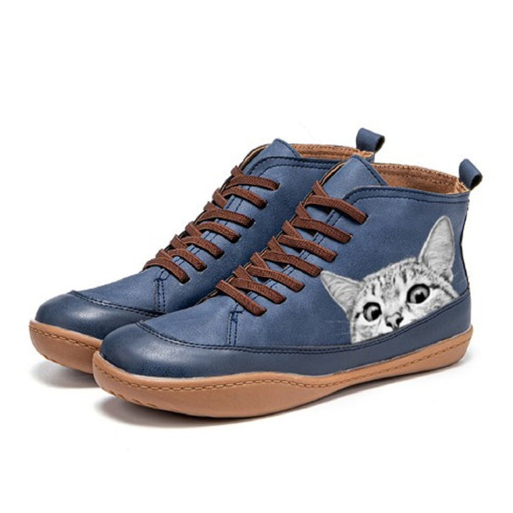 Damen nan knöchelhohe Sneaker mit niedlichem Katzenmotiv Stickerei und ergonomischem Komfortfußbett Drune