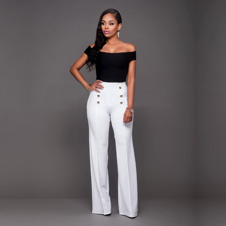 Damen hochtaillierte Palazzo-Hose mit dekorativen Knopfdetails Drune