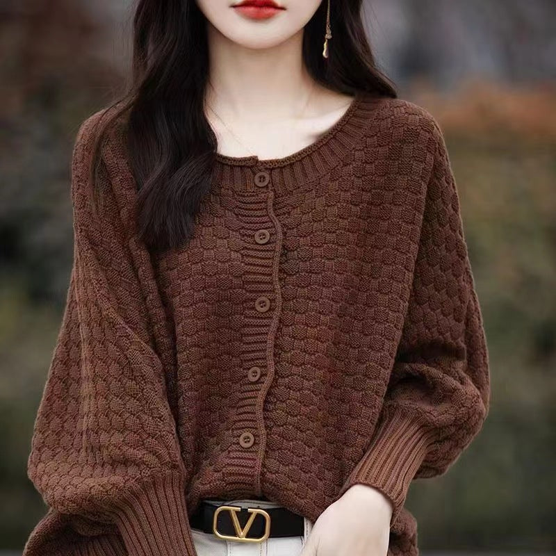 Damen lässiger Strickpullover mit Struktur und Knopfleiste Drune