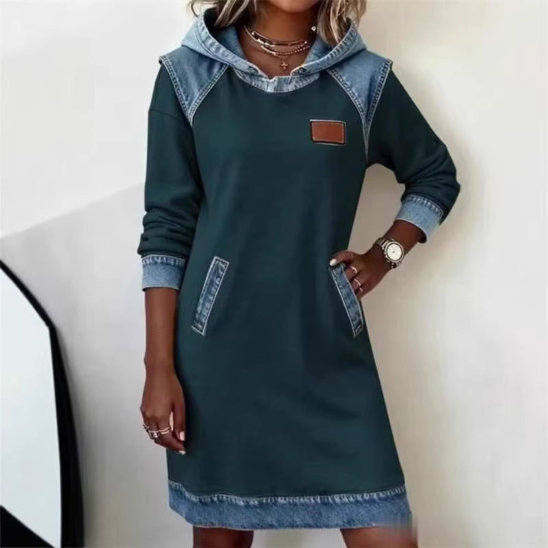 Damen Kapuzen Sweatkleid mit Denim-Besatz, Kängurutaschen und lässiger A-Linien Silhouette Drune