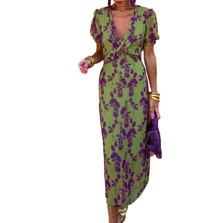 Damen Maxikleid mit tiefem V-Ausschnitt und kunstvollem Rauten-Muster Drune
