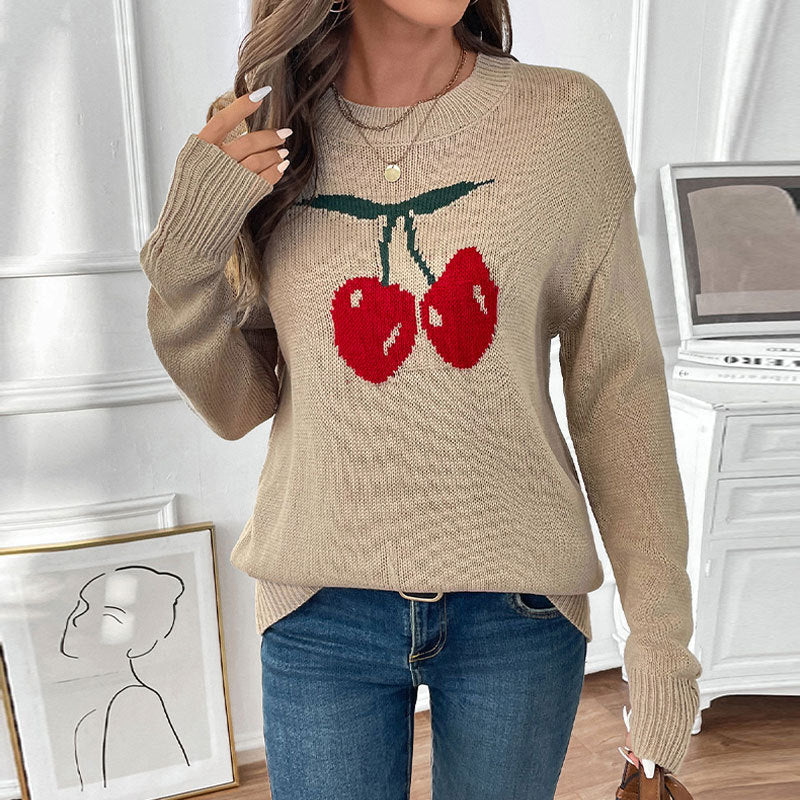 Damen Strickpullover mit Kirschen-Intarsie, Rundhalsausschnitt und legerem Oversize-Schnitt Drune