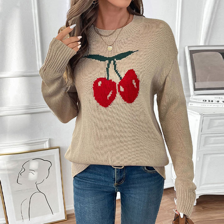 Damen Strickpullover mit Kirschen-Intarsie, Rundhalsausschnitt und legerem Oversize-Schnitt Drune
