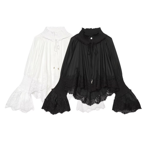 Damen Bluse mit hohem Rüschenkragen, geschmückten Manschetten und Spitzenbordüre Drune